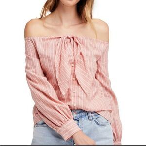 FREE PEOPLE Hello There Beautiful Red Striped Linen Top Shirt Off Shoulder Small